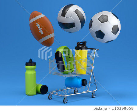 Sport equipment for fitness, gym, crossfit in shopping cart on blue 110399059