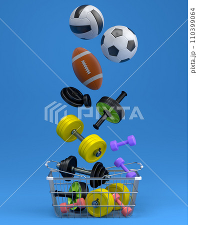 Sport equipment for fitness, gym, crossfit in shopping basket on blue 110399064