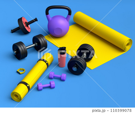 Isometric view of sport equipment like kettlebell, fitness ball and yoga mat Isometric view of sport equipment like kettlebell, fitness ball and yoga mat 110399078