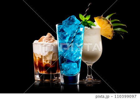 Set and collection of classic alcohol cocktails or mocktail isolated on white background with fresh summer fruits Set and collection of classic alcohol cocktails or mocktail isolated on white background with fresh summer fruits 110399097
