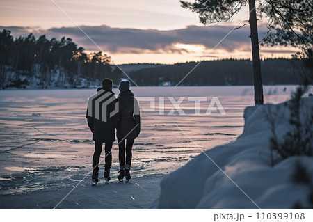 Young couple ice skating hand in hand on a serene, frozen lake surrounded by snow covered trees on a sunny day. Young couple ice skating hand in hand on a serene, frozen lake surrounded by snow covered trees on a sunny day. 110399108