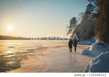 Young couple ice skating hand in hand on a serene, frozen lake surrounded by snow covered trees on a sunny day. 110399122