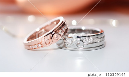 Beautiful platinum rings with a rose gold accent is shown up close, positioned on a white surface with gentle sunlight softly highlighting the rings details in the background. 110399143