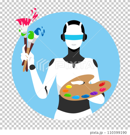 帶有人工智慧畫筆和調色板繪畫的機器人的向量圖。具有圓形形狀的背景。 110399190