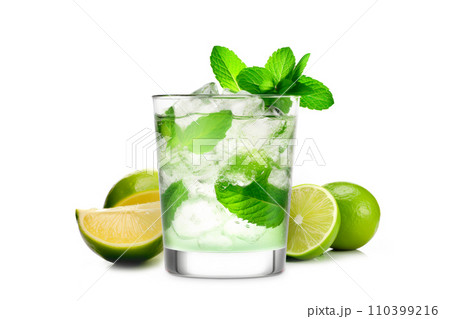 Mojito cocktail, garnished with fresh mint and a slice of lime in a tall glass Mojito cocktail, garnished with fresh mint and a slice of lime in a tall glass 110399216