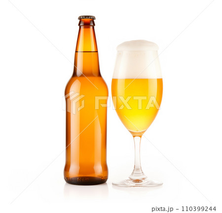 Beer in glass and beer bottle on a white background. Mugs with drink like Ipa, Pale Ale, Pilsner, Porter or Stout 110399244