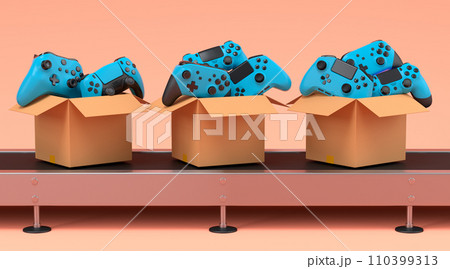 Set of gamer joysticks or gamepads in cardboard box on factory line on orange 110399313