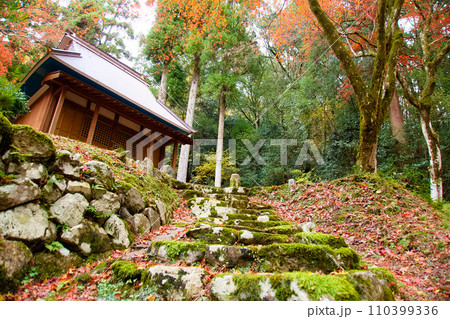 寺のお堂と石の階段に落ち葉積もった風景 寺のお堂と石の階段に落ち葉積もった風景 110399336