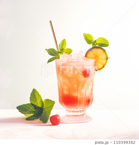 Mai Tai cocktail in a classic tiki glass with crushed ice and a fresh mint 110399382