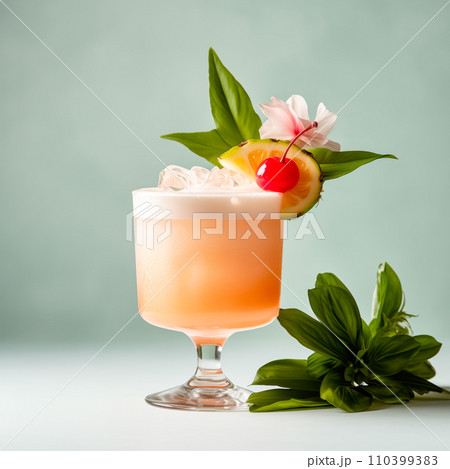 Mai Tai cocktail in a classic tiki glass with crushed ice and a fresh mint 110399383