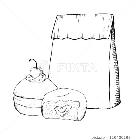 Donut with jam and cherry topping and paper craft bag for takeaway vector black and white graphic illustration for breakfast and coffee break designs, bakery or cafe menu 110400192