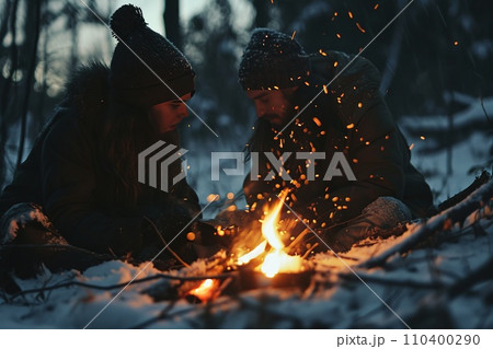 Vibrant campfire crackles amidst a snowy scene, with golden bokeh lights and two blurred figures seated behind, evoking warmth in the cold winter ambiance. 110400290