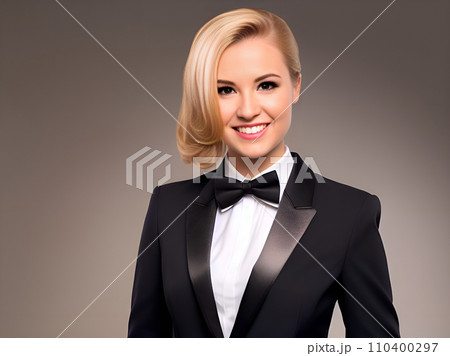 happy woman croupier or dealer wearing a tuxedo 110400297