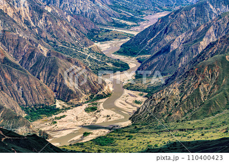 Chicamocha Canyon, steep sided canyon carved by the Chicamocha River in Colombia. 110400423