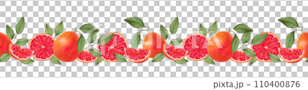 Seamless horizontal grapefruit border. Whole and sliced fruit with natural product leaves for decoration. Watercolor illustration. Citrus healthy food for vegans. Vitamin C.Hand drawing isolated. 110400876