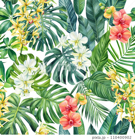 Seamless floral pattern orchid flowers, green palm leaf. Watercolor Tropical flora background. Wallpaper, exotic plant Seamless floral pattern orchid flowers, green palm leaf. Watercolor Tropical flora background. Wallpaper, exotic plant 110400902