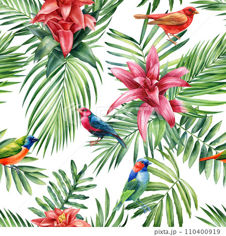 Seamless pattern Flowers, palm leaves and birds. Watercolor Tropical floral background. Wallpaper design, exotic plant  110400919