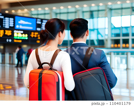 the backside of a couple traveler tourists in the airport terminal the backside of a couple traveler tourists in the airport terminal 110401179