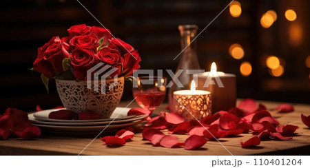 AI-generated content. Romantic dinner with a red rose bouquet and candle. Generative AI AI-generated content. Romantic dinner with a red rose bouquet and candle. Generative AI 110401204