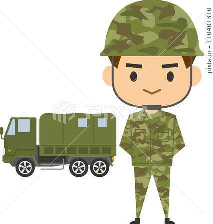 男性自衛隊員とトラックのイメージイラスト 男性自衛隊員とトラックのイメージイラスト 110401310