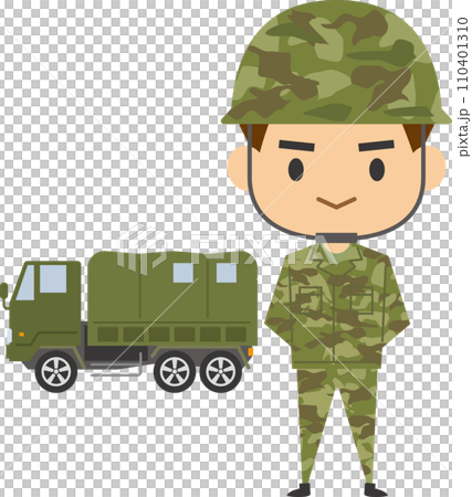 一名男性自衛隊成員和一輛卡車的圖像插圖 110401310