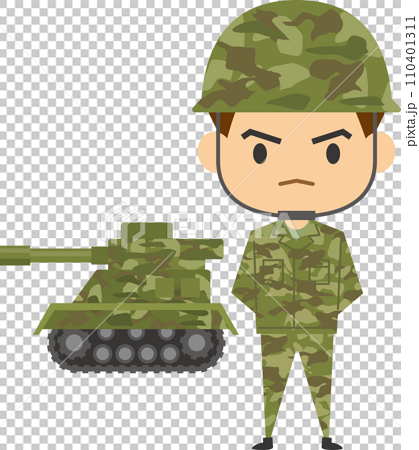 男性自衛隊員と戦車のイメージイラスト 110401311