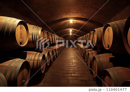Wine barrels in a wine cellar. Oak Wine Barrels in winemaking and Winery Barrel room. Wine barrels in a wine cellar. Oak Wine Barrels in winemaking and Winery Barrel room. 110401477