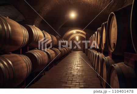 Wine barrels in a wine cellar. Oak Wine Barrels in winemaking and Winery Barrel room. Wine barrels in a wine cellar. Oak Wine Barrels in winemaking and Winery Barrel room. 110401478