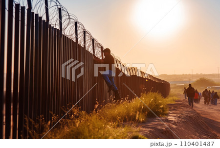 Refugees crossing border. Migrants cross border illegally. 110401487