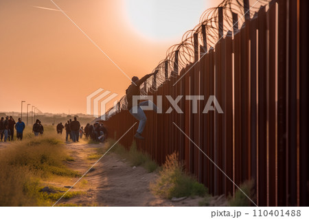Refugees crossing border. Migrants cross border illegally. Refugees crossing border. Migrants cross border illegally. 110401488
