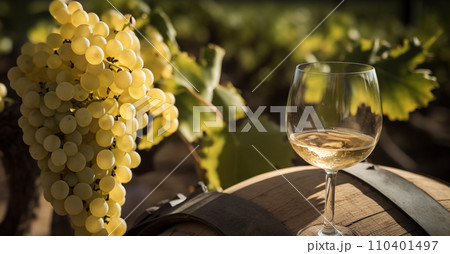 Wine Glass with Chardonnay Grapevine tasting. Vino Degustation in wine cellar Wine Glass with Chardonnay Grapevine tasting. Vino Degustation in wine cellar 110401497