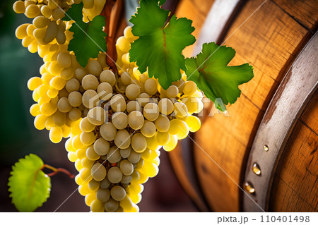 Wine Glass with Chardonnay Grapevine tasting. Vino Degustation in wine cellar Wine Glass with Chardonnay Grapevine tasting. Vino Degustation in wine cellar 110401498