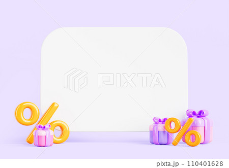 3d render loyalty program with special offer. Blank white board mockup with gift boxes, gold percent on purple background. Birthday present, discount or bonus, sale promotion banner. 3D illustration 110401628