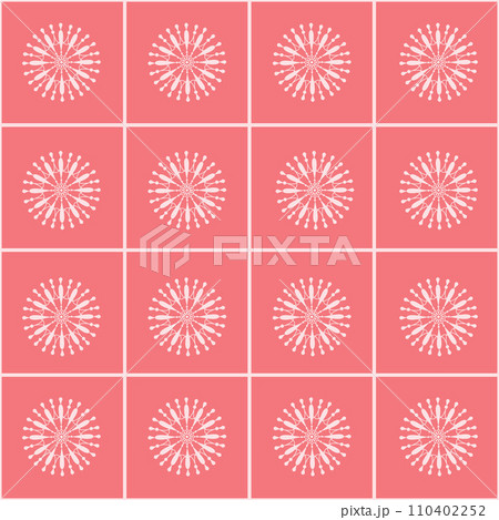 Snowflakes pattern. Seamless pattern with the image of snowflakes in a square on a pink background. Geometric pattern with snowflakes. Vector illustration 110402252