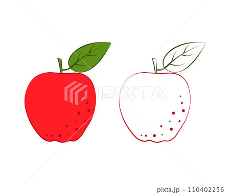 Apple coloring book. Two images of an apple. The apple is colored and in a linear style. Ripe fruit. Vector illustration 110402256