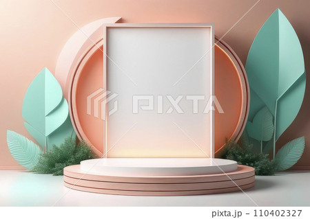 Empty wood podium for product advertisement with green and rose gold  leaves. 110402327