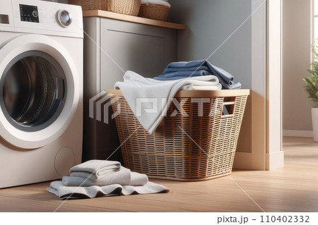 Home laundry room with modern washing machine and shelving unit in laundry. 110402332
