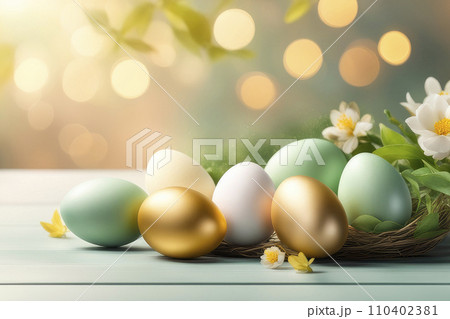 Happy Easter, holiday greeting card mockup with light bokeh, flowers and colored eggs. 110402381