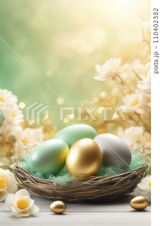 Happy Easter, holiday greeting card mockup with light bokeh, flowers and colored eggs. 110402382