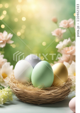 Happy Easter, holiday greeting card mockup with light bokeh, flowers and colored eggs. 110402383