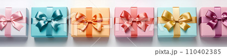 AI-generated content. Banner with multi-colored bright gift boxes. Festive background 110402385