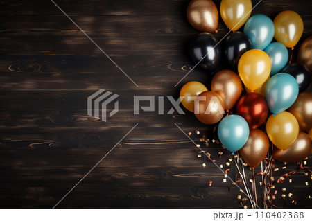 AI-generated content. Happy Birthday colorful balloons on dark background with copy space. Minimal concept. Theme party 110402388