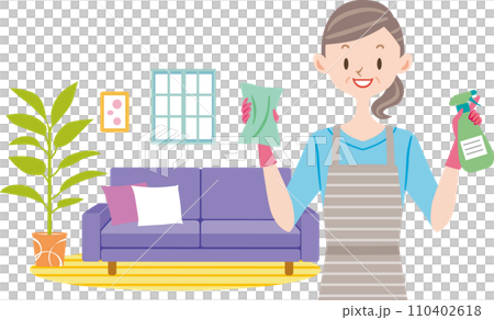 Middle-aged housewife cleaning the house 110402618