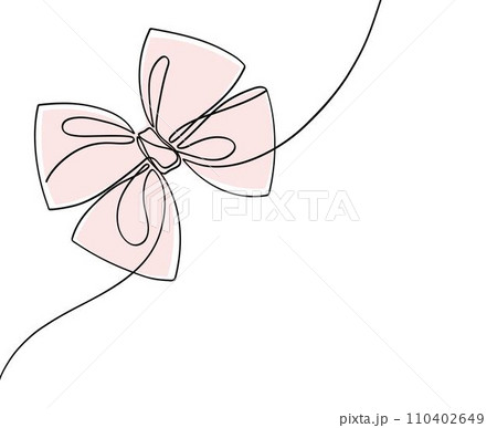 Elegant ribbon bow in continuous line art drawing style. Minimalist black linear sketch isolated on white background. 110402649