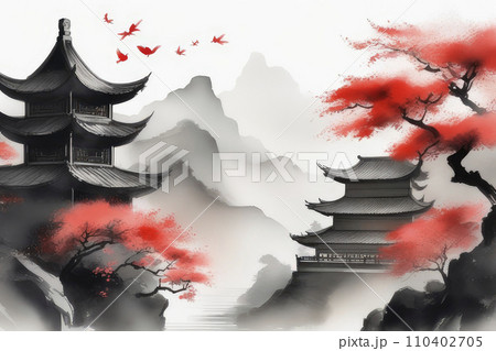 Chinese ink landscape painting, outstanding mountain sun and sakura tree. Chinese ink landscape painting, outstanding mountain sun and sakura tree. 110402705