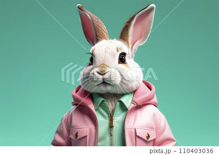 Portrait of a funny hare wearing a pink leather jacket on a mint green background. Portrait of a funny hare wearing a pink leather jacket on a mint green background. 110403036