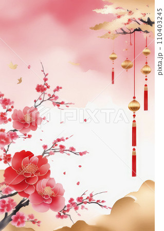 Chinese banner desing concept with flowers and lanterns. 110403245