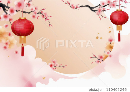 Chinese banner desing concept with flowers and lanterns. 110403246
