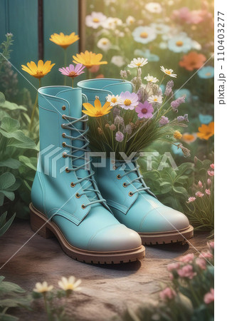 Bouquet of colorful wildflowers in boots in garden on background of green grass. 110403277