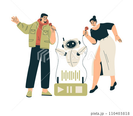 Artificial Intelligence Technology with Man and Woman Character Sing Karaoke with Bot Vector Illustration 110403818